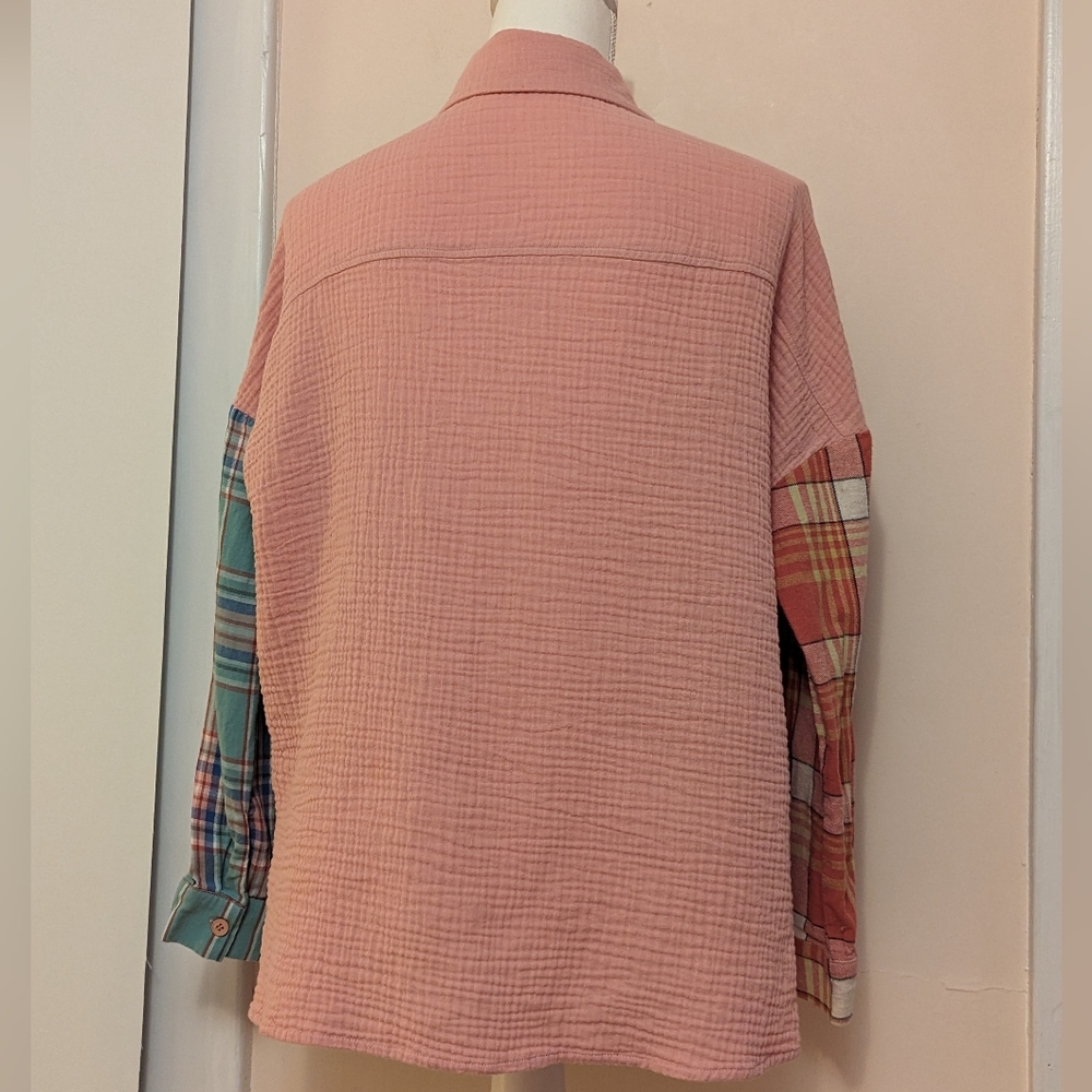 Pastel 100% cotton colour block plaid shirt button collared down oversized small - Picture 6 of 16